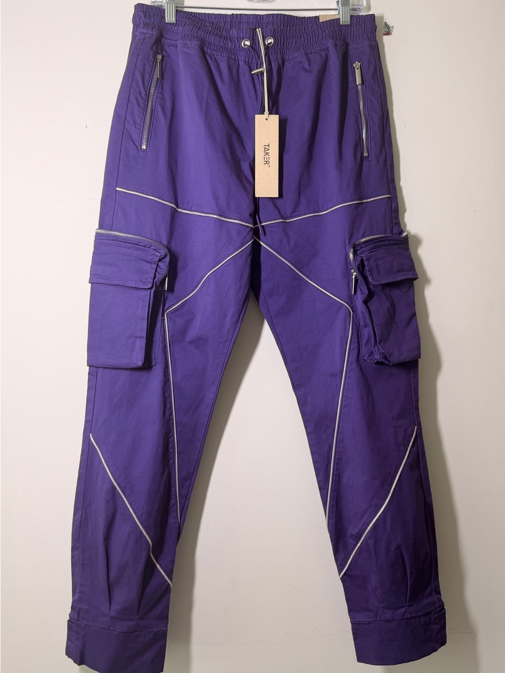 Taker Tactical Cargo Pants Purple Large adjustable hem Baggy Utility Silver Zip